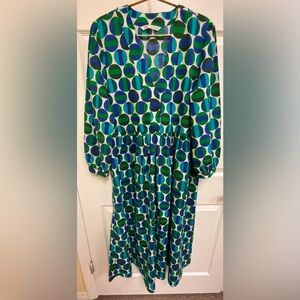 Zara dress/V-neck/Long sleeves23”/waste,40”/length 34”/green, white and blue